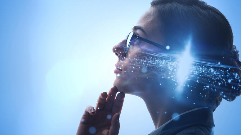 denkende Frau Konzept E-Learning